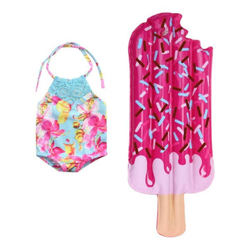 Sophia's Aqua Floral Print Lace Trim Bathing Suit and Inflatable Popsicle Pool Float Beach Accessories Set for 18" Dolls, Pink/Blue