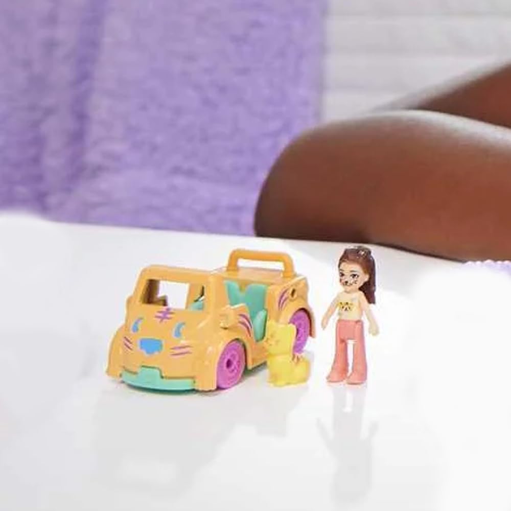 Polly Pocket Collectible Micro Mini Metal Vehicle, Poseable Doll and Pet Set - Kerstie Kitty with Kitty Cat Orange Convertible Car and Yellow Kitten