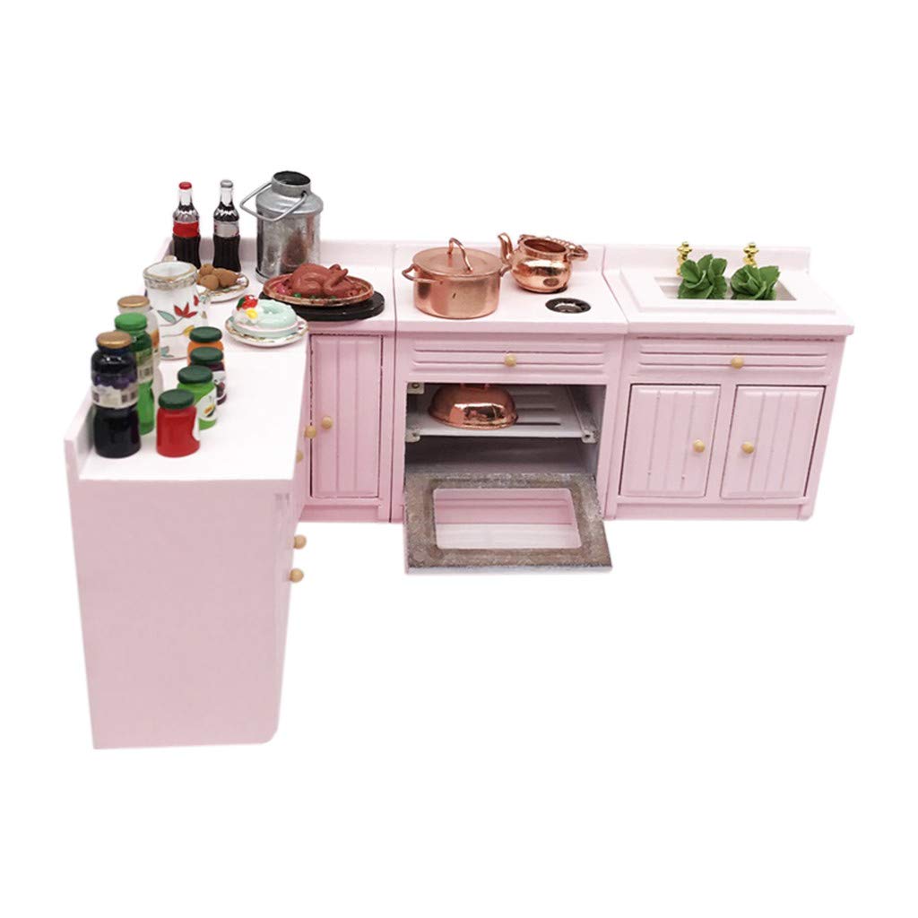 SXFSE Dollhouse Decoration Accessories,1:12 Dollhouse Miniature Furniture Wooden Kitchen Cabinet Set Freely Combined (Pink)