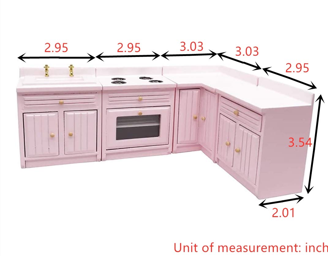 SXFSE Dollhouse Decoration Accessories,1:12 Dollhouse Miniature Furniture Wooden Kitchen Cabinet Set Freely Combined (Pink)