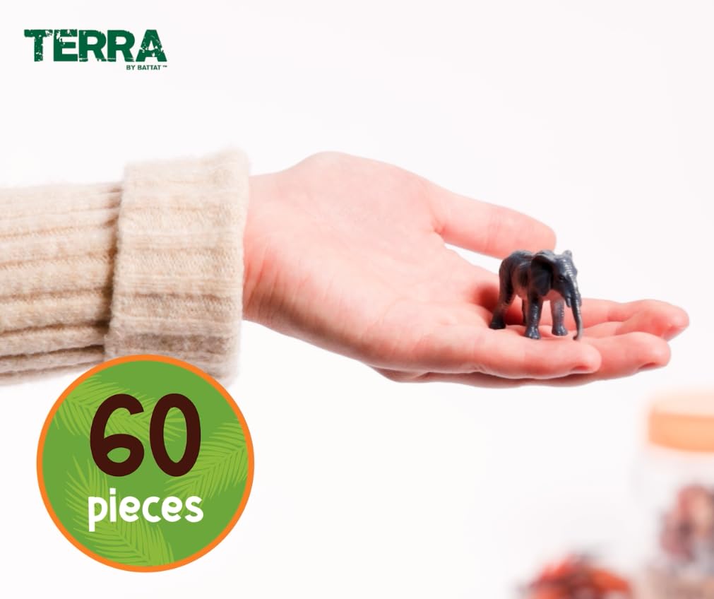 Terra by Battat - 60 Pieces Wild Creatures Tube - Realistic Mini Animal Figurines - Lion, Hippo, Tiger, Bear & More Safari Animals - Educational Toys