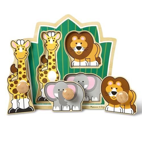 Melissa & Doug Jungle Friends Safari Animals Jumbo Knob Puzzle, Wooden Peg Puzzle for Toddlers, Educational Toy for Shape Recognition and Fine Motor