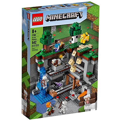 LEGO Minecraft The First Adventure 21169 Hands-On Minecraft Playset; Fun Toy Featuring Steve, Alex, a Skeleton, Dyed Cat, Moobloom and Horned Sheep,