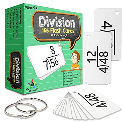 Star Right Math Flash Cards - Division Flash Cards - 156 Hole Punched Math Game Card - 2 Binder Rings - for Ages 8 and Up - 3rd, 4th, 5th and 6th