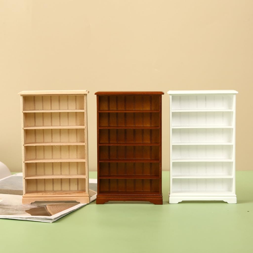 Miniature Library Wooden Bookshelf Model Realistic Dollhouses Bookcase Cabinet Furniture Ornament Decors for 1:12 Scale