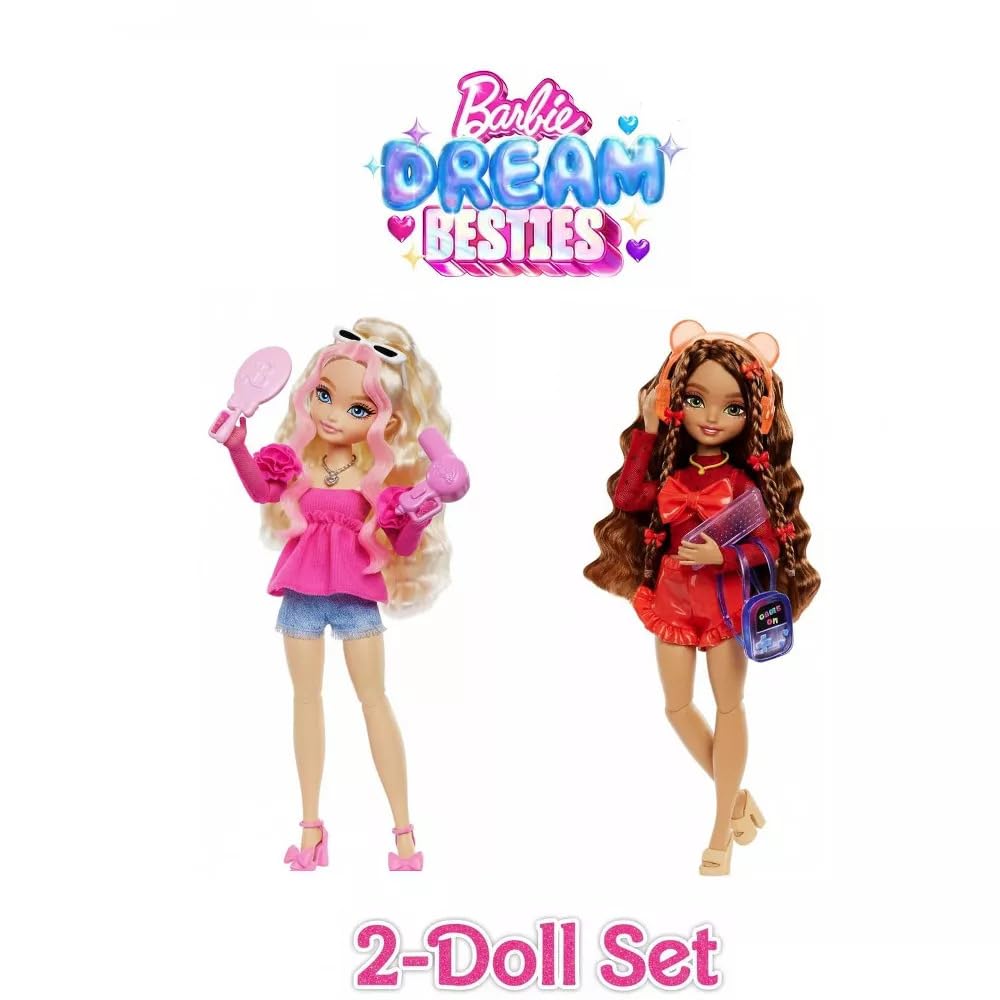 Barbie Dream Besties Teresa & Malibu Posable Fashion Doll Bundle, 2 Doll & Accessories Playsets with Video Game and Makeup Themed Pieces, Long Hair