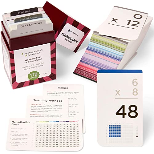 Award-Winning Multiplication Flash Cards - 173 Jumbo Cards (3.1” x 5.2”), All Facts 0-12 - 1 Fact & Visual Aid Per Card - Mastery Divider Tabs