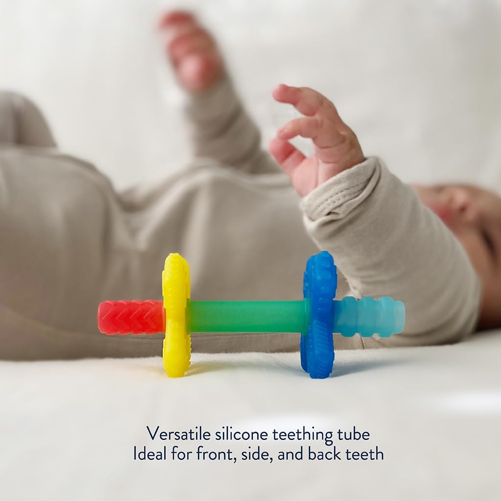 Itzy Ritzy Teensy Tube Teether - Textured Hollow Baby Teething Tube that Reaches Front Teeth & Back Molars, Made of Soft Silicone (Rainbow)