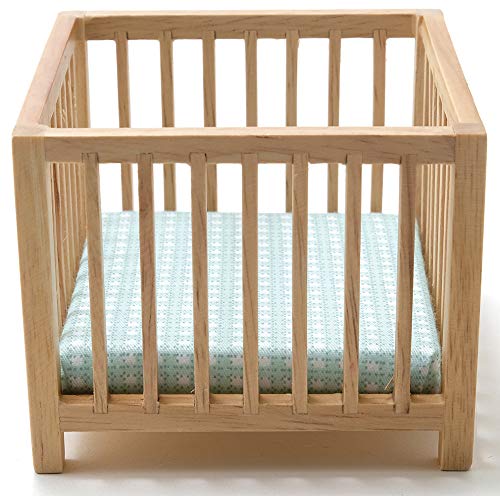 Classics by Handley Dollhouse Miniature Oak Slatted Play Pen with Blue Fabric