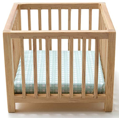 Classics by Handley Dollhouse Miniature Oak Slatted Play Pen with Blue Fabric