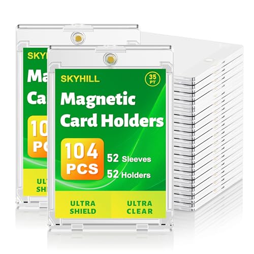 Skyhill 52ct Magnetic Card Holders, 35pt Slim One Touch Card Holder with Extra 52 Penny Card Sleeves, U-V Protection& Waterproof Hard Plastic Card