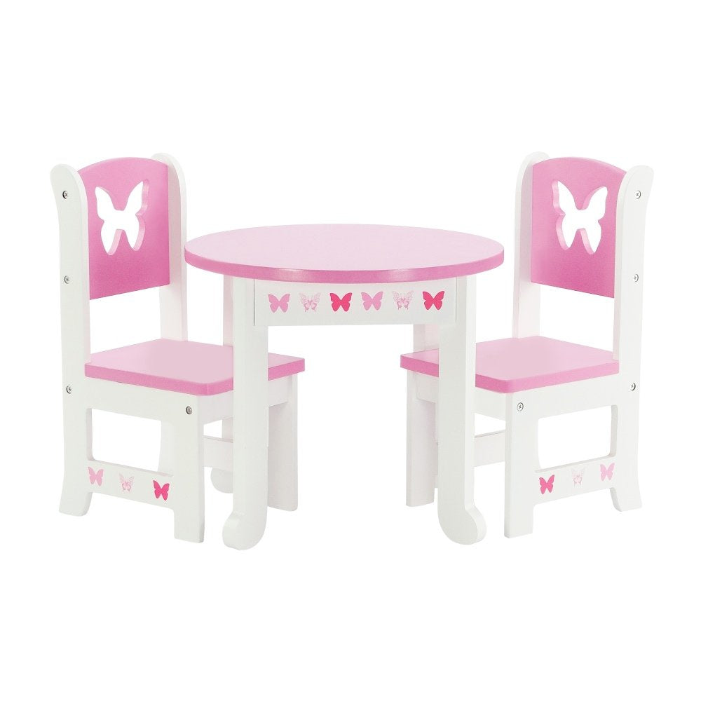 Emily Rose 18 Inch Doll Dining Table and 2 Chairs Set - Pink Butterfly Collection - Compatible with American Girl, Our Generation, My Life As & Adora