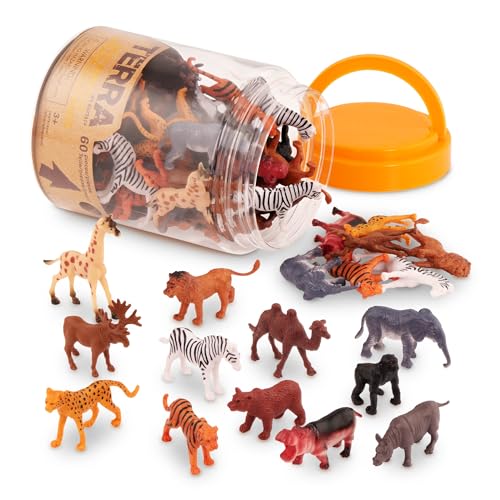 Terra by Battat - 60 Pieces Wild Creatures Tube - Realistic Mini Animal Figurines - Lion, Hippo, Tiger, Bear & More Safari Animals - Educational Toys