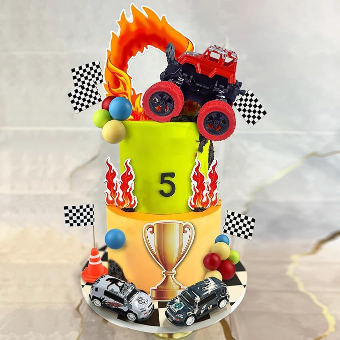 30PCS Truck Cake Decorations Truck Cake Toppers Red Blue Yellow Green Balls Race Car Cake Toppers for Truck Themed Racing Car Party Decorations
