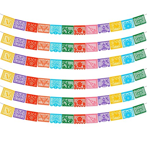 6-Pack Mexican Papel Picado Banner - 132Ft (22Ft x 6) Fiesta Party Decorations & Cinco de Mayo Supplies - 12 Patterns Waterproof Plastic Indoor