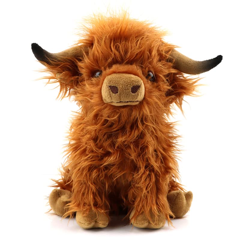 Highland Cow Stuffed Animal Plush Toy - 10” Fluffy Highland Bull Plush, Soft Cow Doll Gift for Kids, Boys, Girls, Toddlers, Birthday & Christmas