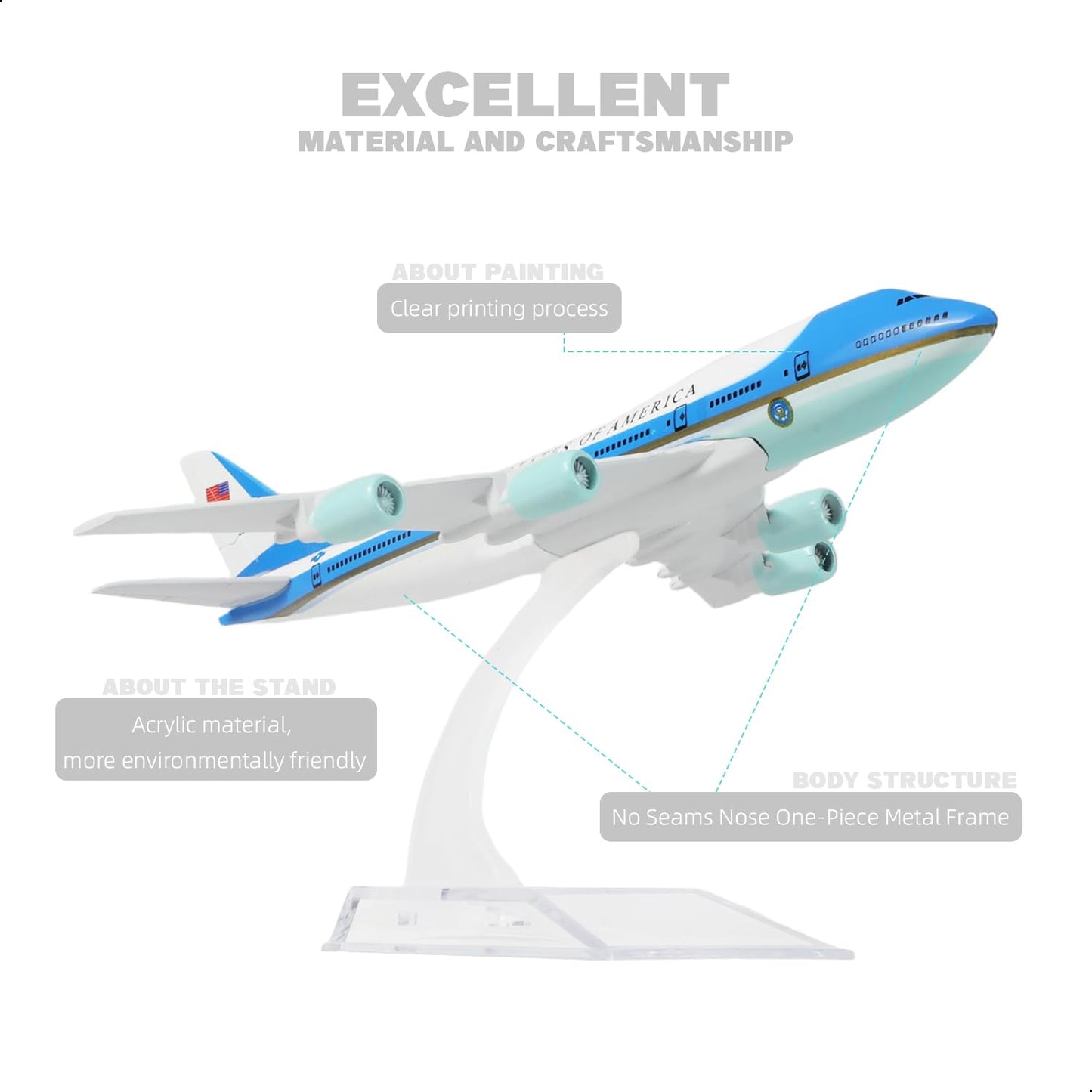 QIYUMOKE 1/400 for Air Force One VC-25A Boeing 747 Diecast Model Airplane with Display Stand, 6-Inch Metal Airliner Model for Aviation Collectors