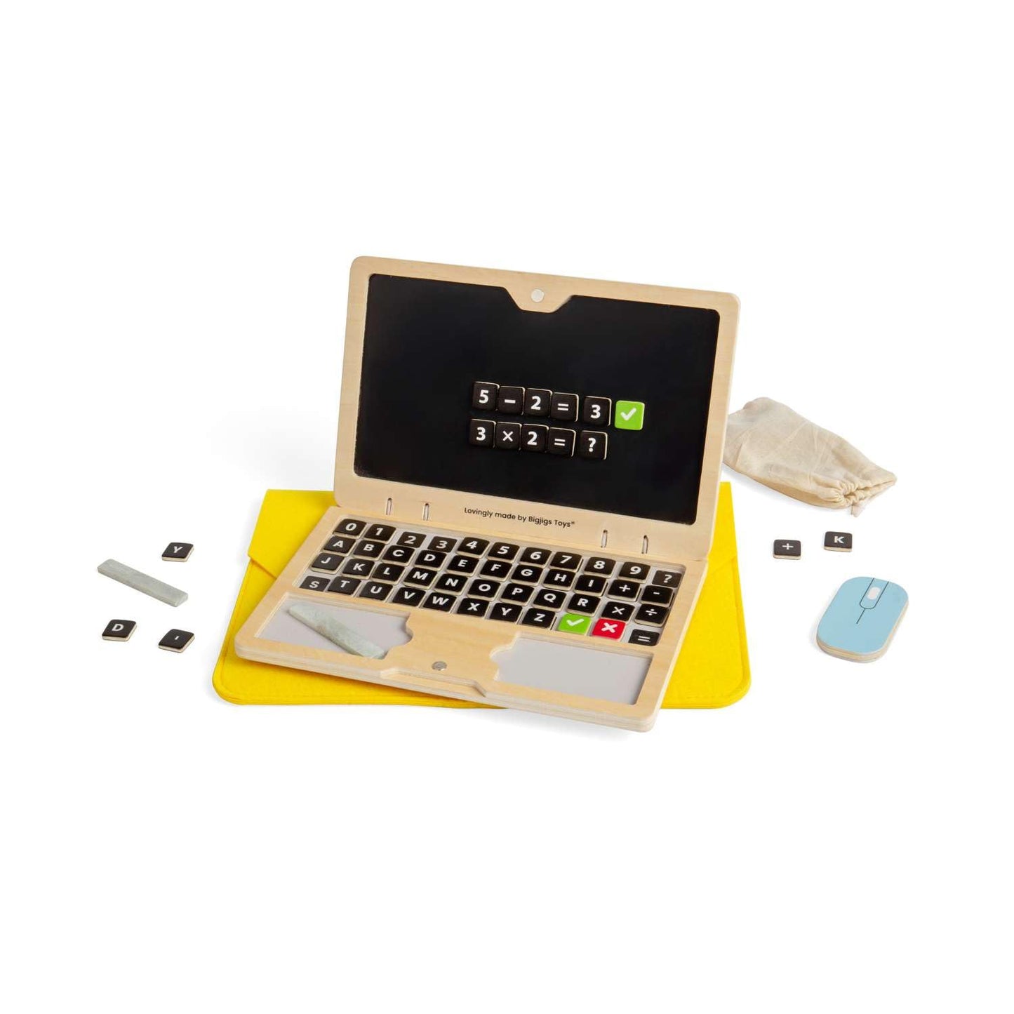 Bigjigs Toys Tech Set - 95 Pcs Wooden Laptop Toys with Chalkboard Screen, Fantasy Play Sets and Accessories for Toddlers and Kids, Kindergarten, Early