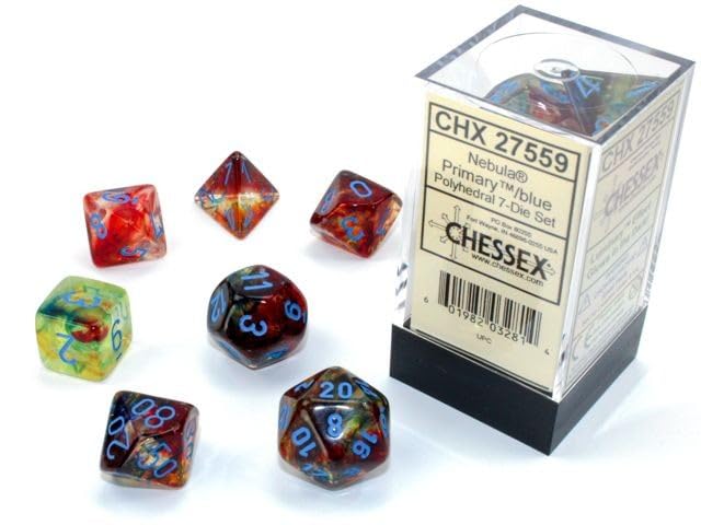 Chessex Nebula Polyhedral Dice Set Primary with Blue Luminary (7 dice)