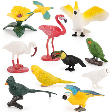 10 Pcs Realistic Bird Animals Figurines Model, Miniature Birds Figure Cake Cupcake Topper, Parakeet, Quetzal, Macaw, Hummingbird, Toucan, Cockatoo