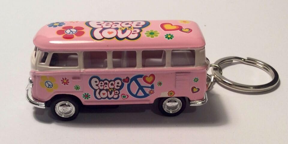 KiNSMART 1962 Volkswagen Classic Hippie Love & Peace Bus 1:64 Scale 2.5 Inch Die Cast Metal Model Key Chain, Pullback Action (Pink)
