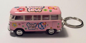 KiNSMART 1962 Volkswagen Classic Hippie Love & Peace Bus 1:64 Scale 2.5 Inch Die Cast Metal Model Key Chain, Pullback Action (Pink)