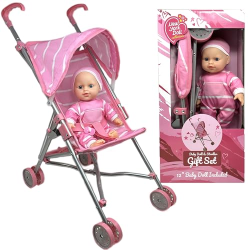 Baby Doll with Stroller Set - 12" Baby Doll with Pacifier Gift Set - Pink Fabric Baby Stroller Toy for Kids - Foldable Play Stroller for Dolls