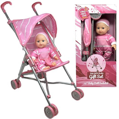 Baby Doll with Stroller Set - 12" Baby Doll with Pacifier Gift Set - Pink Fabric Baby Stroller Toy for Kids - Foldable Play Stroller for Dolls