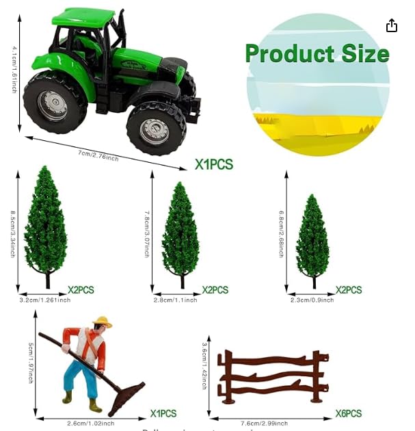 26 PCS Mini Farm Animal Tractor Cake Topper Set with Tree Farmer Fences Cow Pig Sheep Figures Tractor farmer Cake Topper for Boy Girl Birthday Party