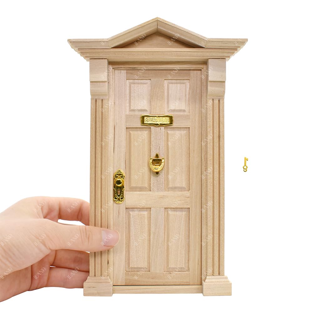 iLAND Classic Wooden Dollhouse Door of 1/12 Scale Accessories, Dollhouse Building Supplies Set of Miniature Door with Trim, Handle & Knocker