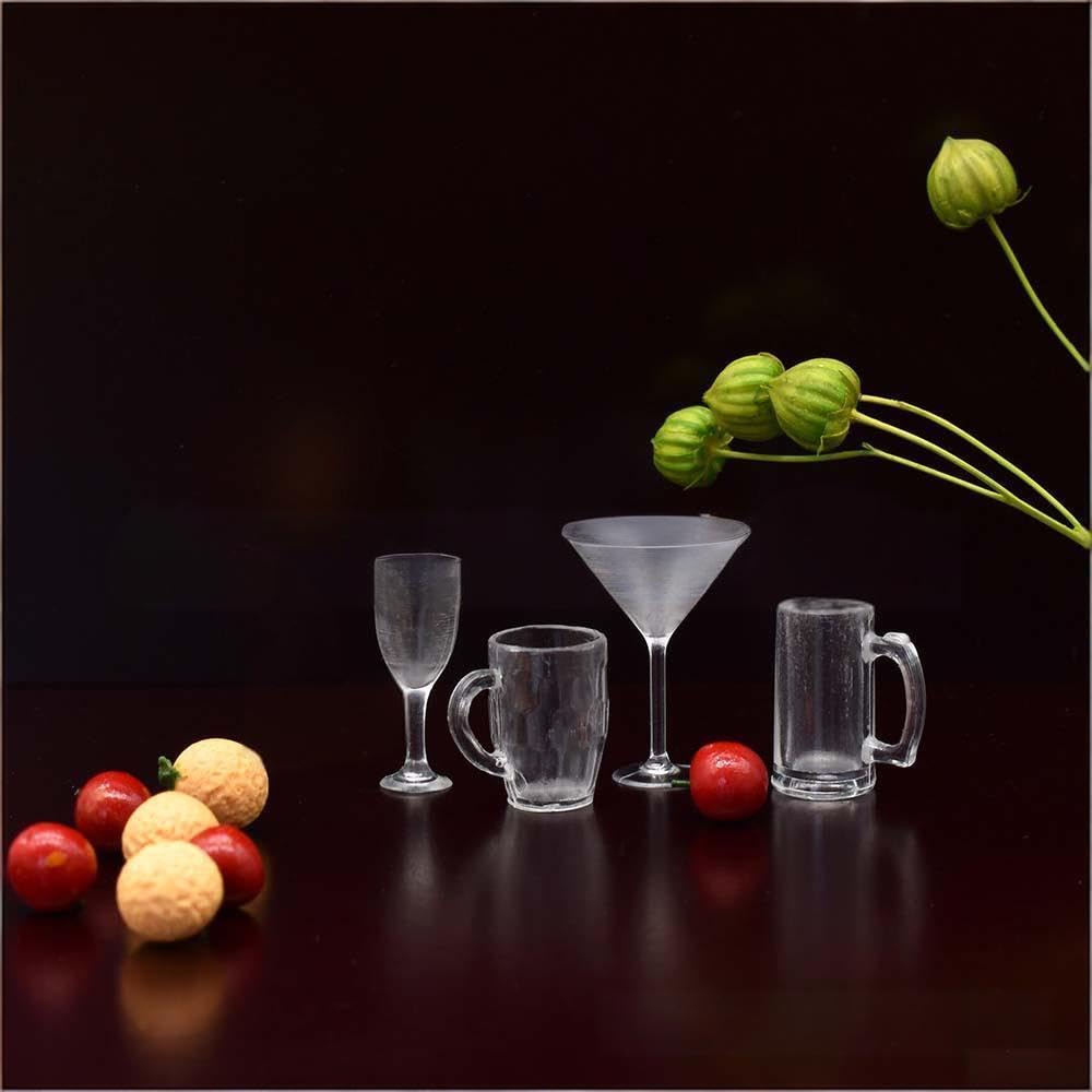 4Pcs Clear Glass Dollhouse Miniature Drinking Set, 1/12 Scale Wine Cocktail Glasses, Beer Mug Stein for Kitchen Bar