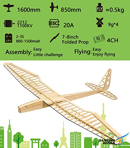 Dancing Wings Hobby Balsa Wood Radio Remote Controlled Electric F16 Glider Sunbird Need to Build (F1601B)