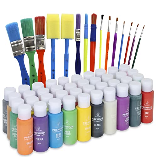 Kids Tempera Paint Set | Value Pack Includes 40 Washable Non-Toxic Colorful Paints (2oz bottles) & 15 Brushes | Metallic, Neon, Glow In The Dark