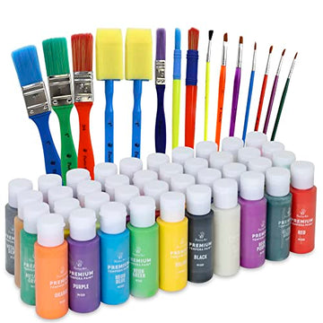 Kids Tempera Paint Set | Value Pack Includes 40 Washable Non-Toxic Colorful Paints (2oz bottles) & 15 Brushes | Metallic, Neon, Glow In The Dark