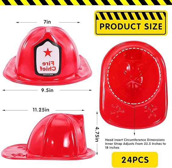 Erinnmy 24 Pcs Kids Firefighter Hat, Plastic Fireman Helmet, Red
