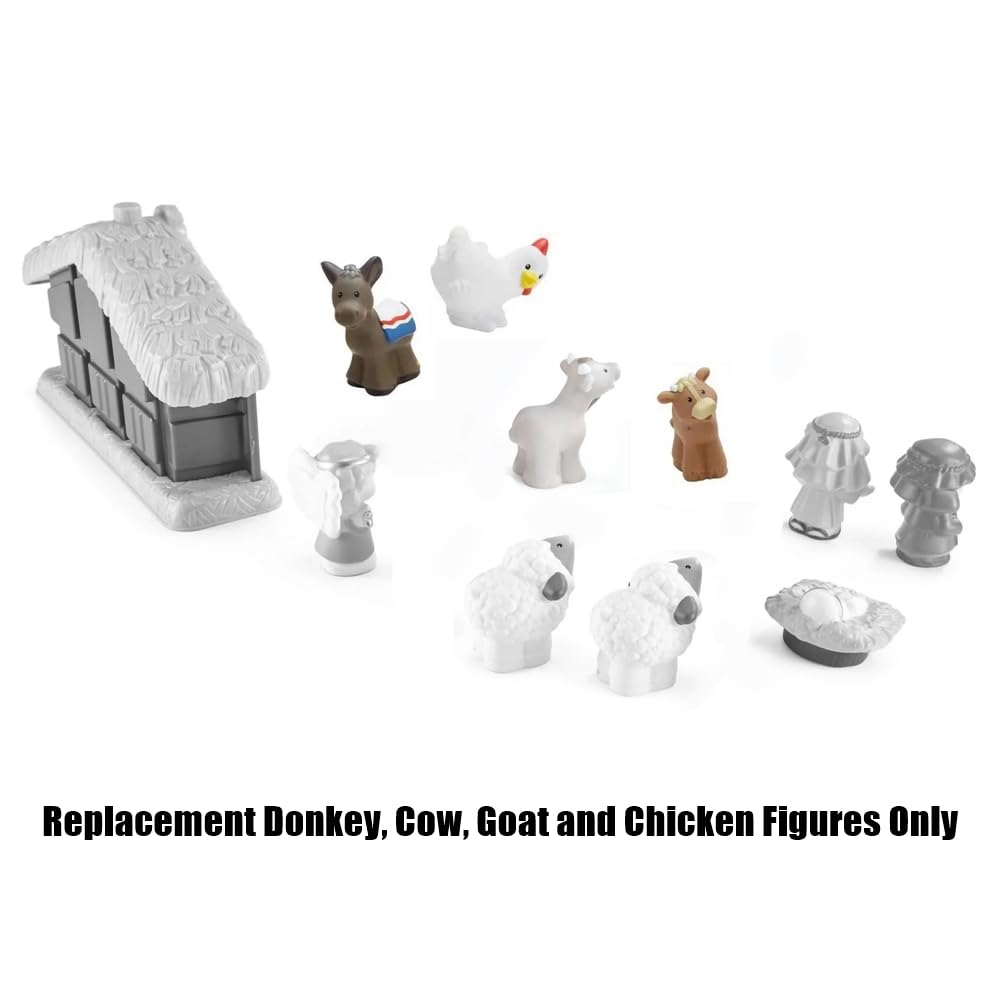 Mattel Replacement Parts for Little-People Christmas Nativity Playset - Replacement Donkey, Cow, Goat and Chicken ~ Works with FPT07, DPX53, J2404 and