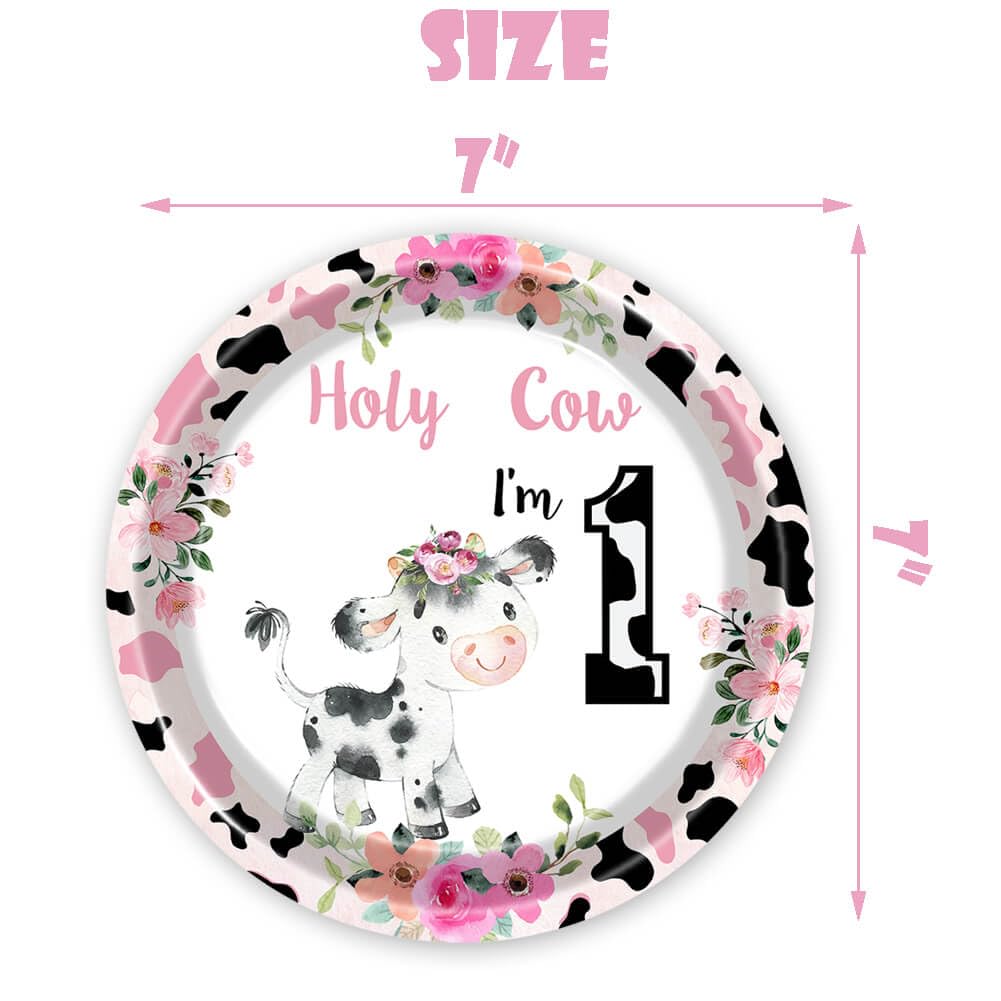 100 Pcs Holy Cow I'm One Birthday Decorations Girl Tableware Cow Print 1st Birthday Party Supplies Includes Plates, Forks, Cups, Napkins for Girls One