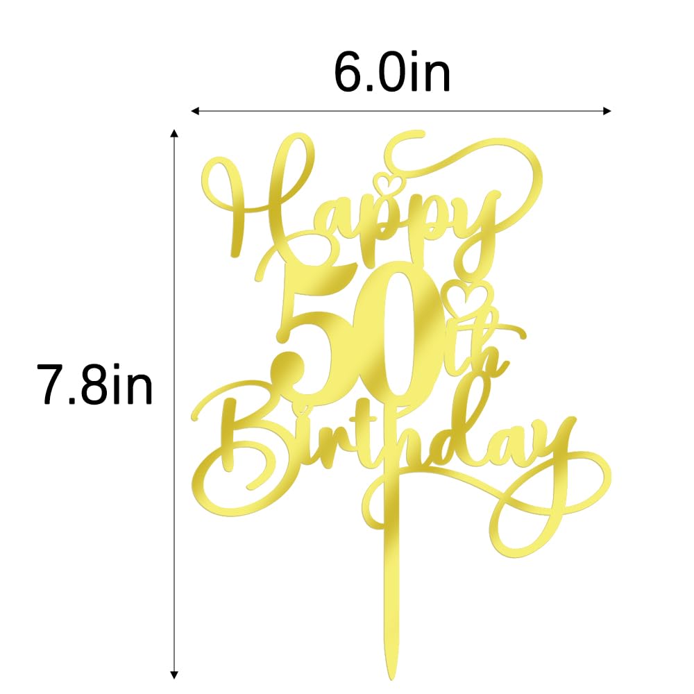 Ruscalin Happy 50th Birthday Cake Topper?Mirrored Gold Acrylic Birthday Topper for Cheers to 50 Years Birthday/Anniversary Party Decoration Ideas