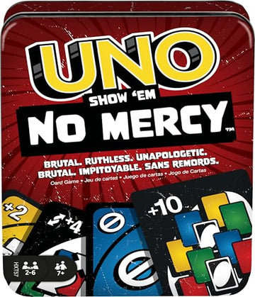 Mattel Games UNO Show ‘em No Mercy Card Game in Storage & Travel Tin for Kids, Adults & Family Night with Extra Cards, Special Rules & Tougher