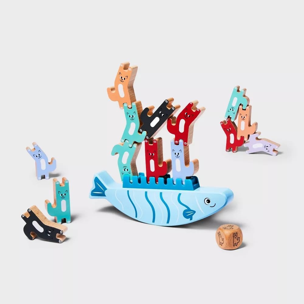Gigglescape Wooden Balance The Cat Game - 23-Piece Stacking Toy with Fish Base, Colorful Cats, Wooden Die & Storage Bag - Fine Motor Skill Builder
