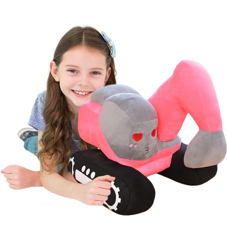 ELAINREN Simulation Pink Excavator Plush Toy Cool Digger Stuffed Gifts for Girls Cartoon Construction Truck Plushie Car Gifts/26x23cm