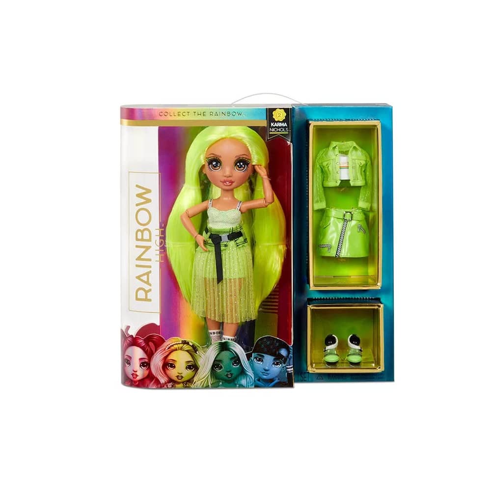Rainbow High Karma Nichols - Neon Green Fashion Doll with 2 Doll Outfits to Mix & Match and Doll Accessories, for Kids 6-12 Years Old