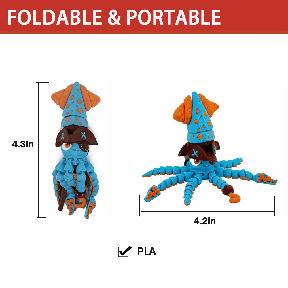 3D Printed Articulated Animals Pirate Octopus, 8-Inch Poseable Octopus Desk Decor, Unique Gift for Home & Office,3D Decorative Ornaments(Octopus)