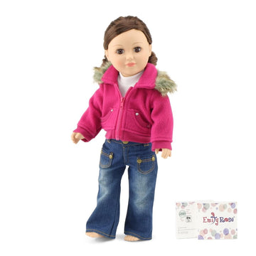 Emily Rose 18" Doll Pink Jacket Outfit Set - 3-Piece Faux Fur Collar Winter Coat with White Tee & Blue Jeans - Gift Boxed Clothes for 18 Inch Dolls