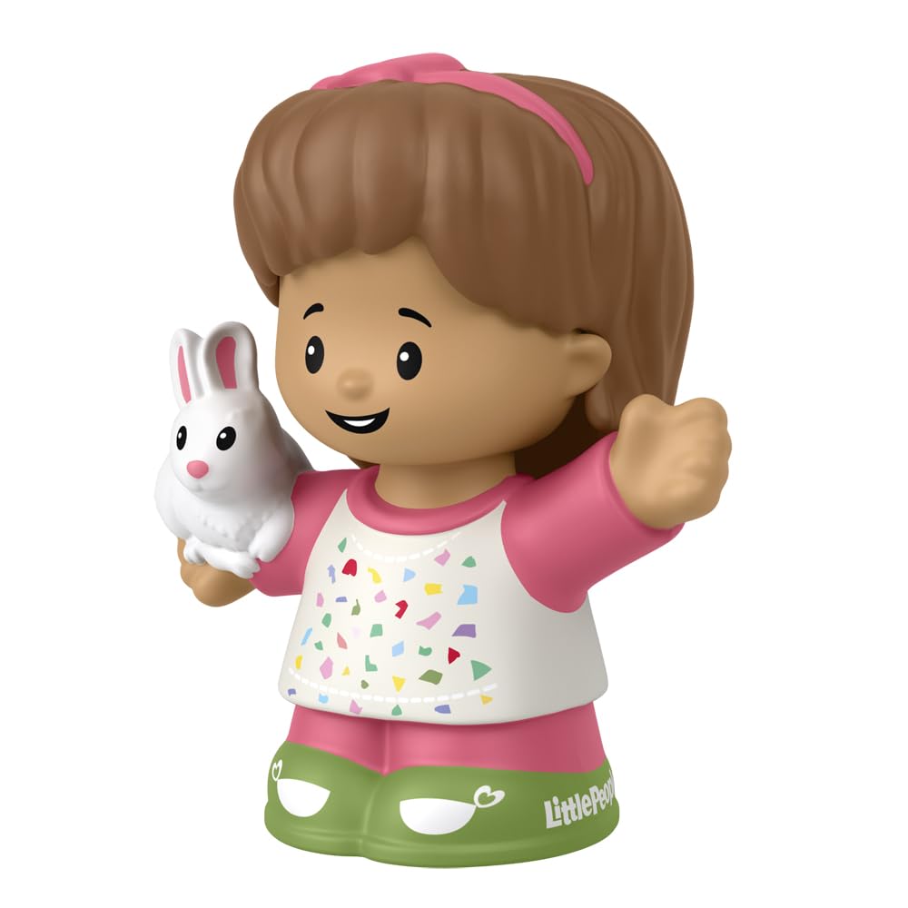 Little People Fisher-Price Figure for Toddler Dollhouse Playset - HXC05 - Little Girl Mia Figure with Brown Hair and Pink Hair Bow - Holding a White