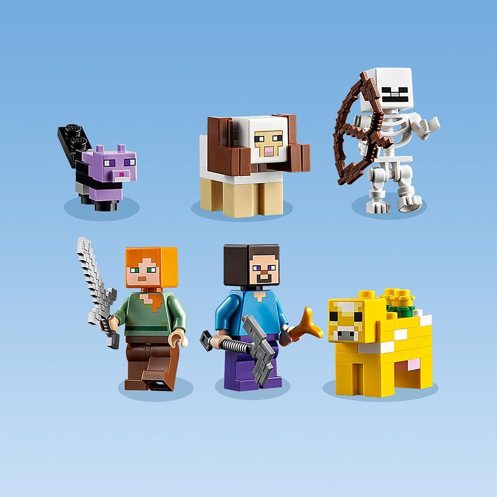LEGO Minecraft The First Adventure 21169 Hands-On Minecraft Playset; Fun Toy Featuring Steve, Alex, a Skeleton, Dyed Cat, Moobloom and Horned Sheep,