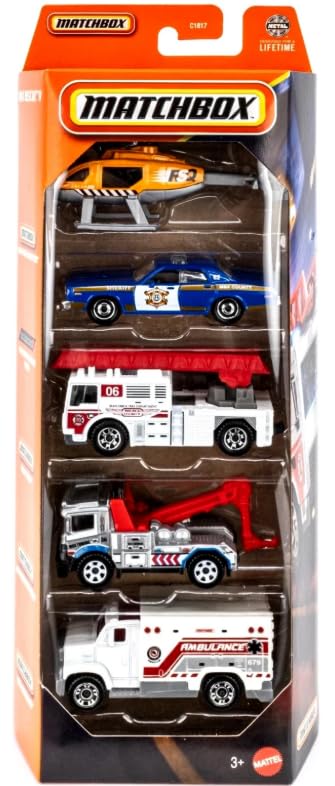 Matchbox MBX Rescue V 5 Pack [Rescue Helicopter, 1978 Dodge Monaco Police, Flame Tamer, Urban Tow Truck, Ambulance] 1:64 Scale Diecast Toy Vehicles