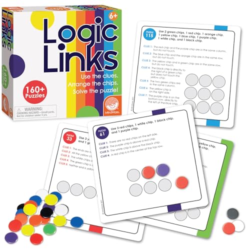 MindWare Logic Links Puzzle Games - Brain Teaser Puzzles for Kids and Brain Games for Adults - 166 Challenging Brain Puzzles, 32 Game Chips - Ages 6+