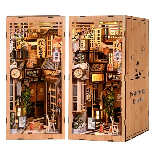 DIY Book Nook Kit, 3D Wooden Puzzle Bookend with LED Light, Japanese Street Alley Miniature House Model, Creative Shelf Insert Decor & Arts Crafts