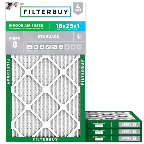 Filterbuy 16x25x1 Air Filter MERV 8 Essential Dust & Allergy Defense (4-Pack), Electrostatic Pleated HVAC AC Furnace Filters Replacement, Made in USA